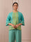 RA Studio Teal Blue Block Print Dress Princess Line Cut with Stripes & Hand-Embroidered Pocket