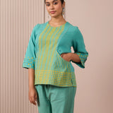 RA Studio Teal Blue Block Print Dress Princess Line Cut with Stripes & Hand-Embroidered Pocket