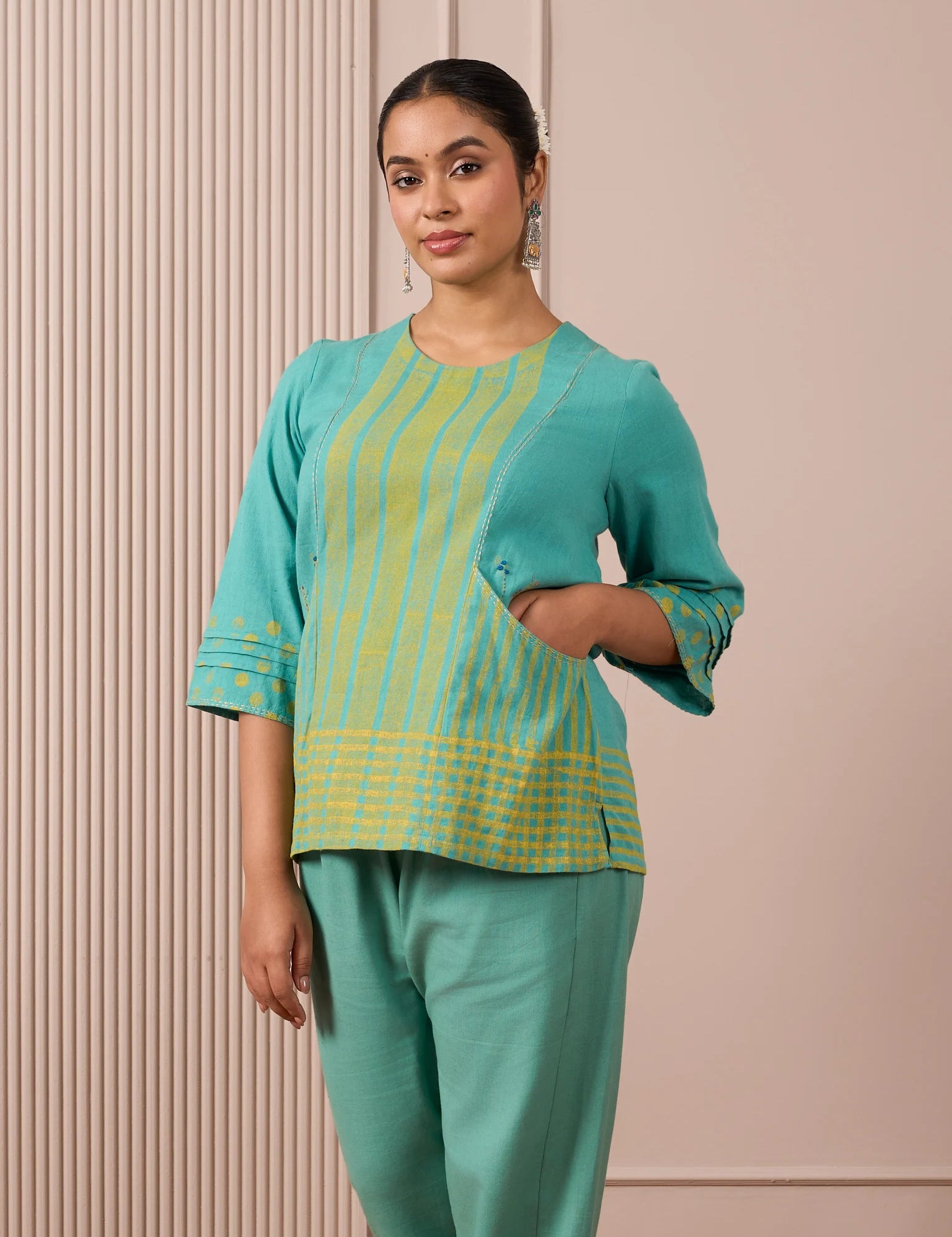 RA Studio Teal Blue Block Print Dress Princess Line Cut with Stripes & Hand-Embroidered Pocket