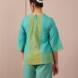 RA Studio Teal Blue Block Print Dress Princess Line Cut with Stripes & Hand-Embroidered Pocket