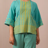 RA Studio Teal Blue Block Print Dress Princess Line Cut with Stripes & Hand-Embroidered Pocket
