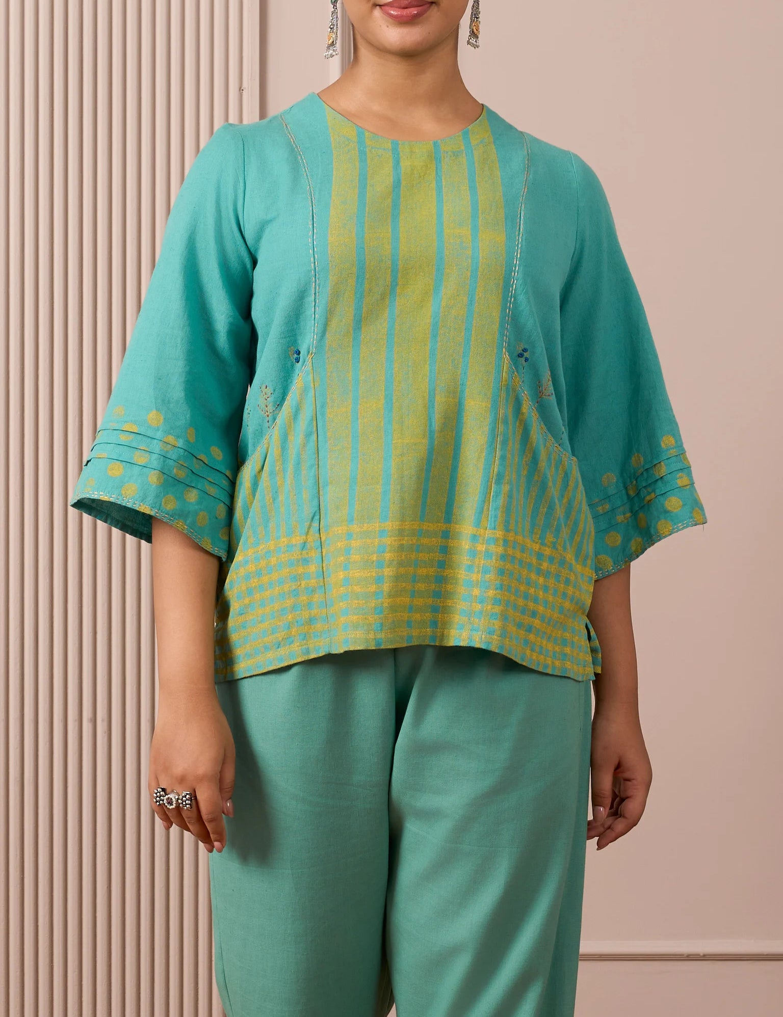 RA Studio Teal Blue Block Print Dress Princess Line Cut with Stripes & Hand-Embroidered Pocket