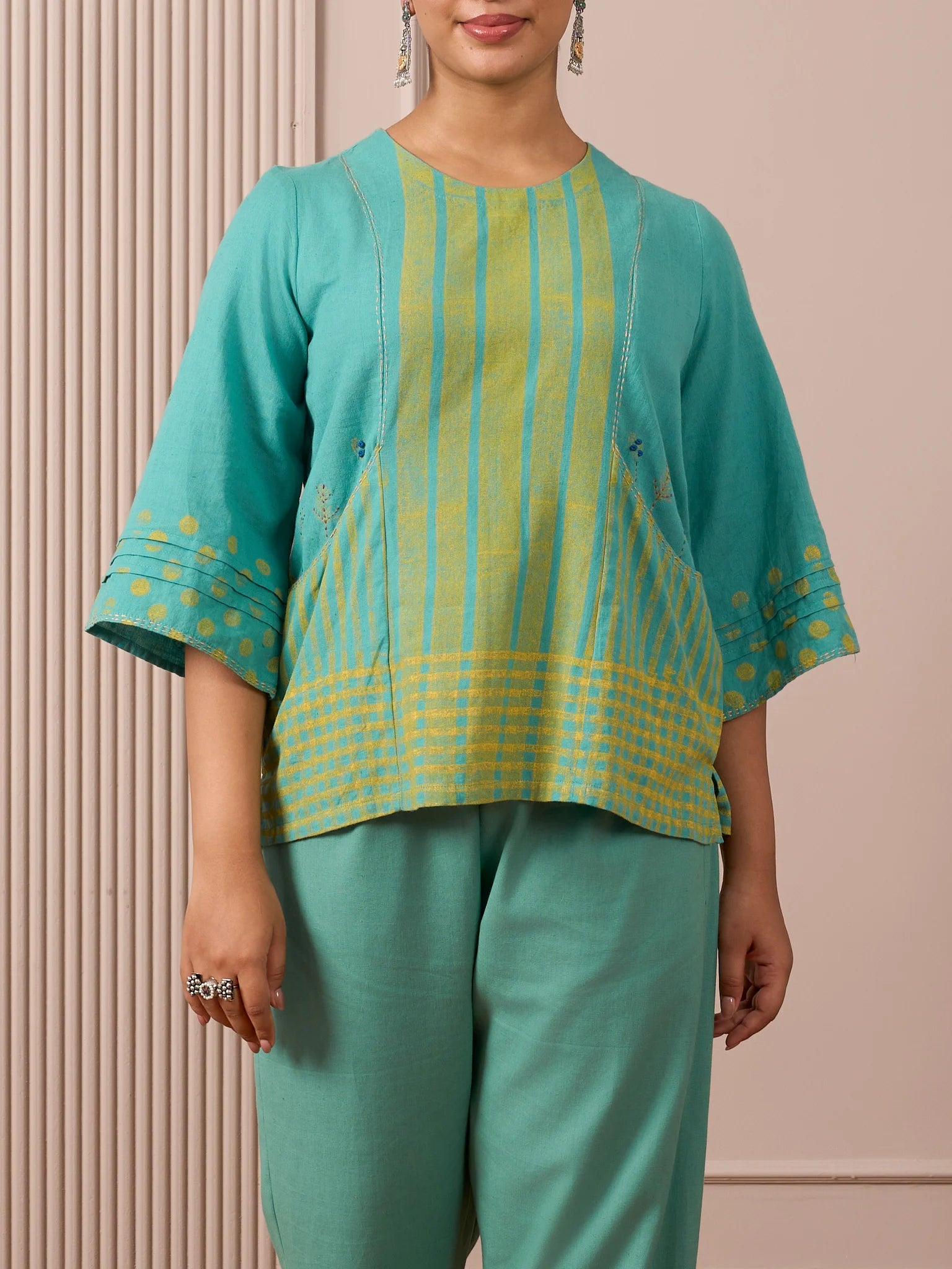 RA Studio Teal Blue Block Print Dress Princess Line Cut with Stripes & Hand-Embroidered Pocket
