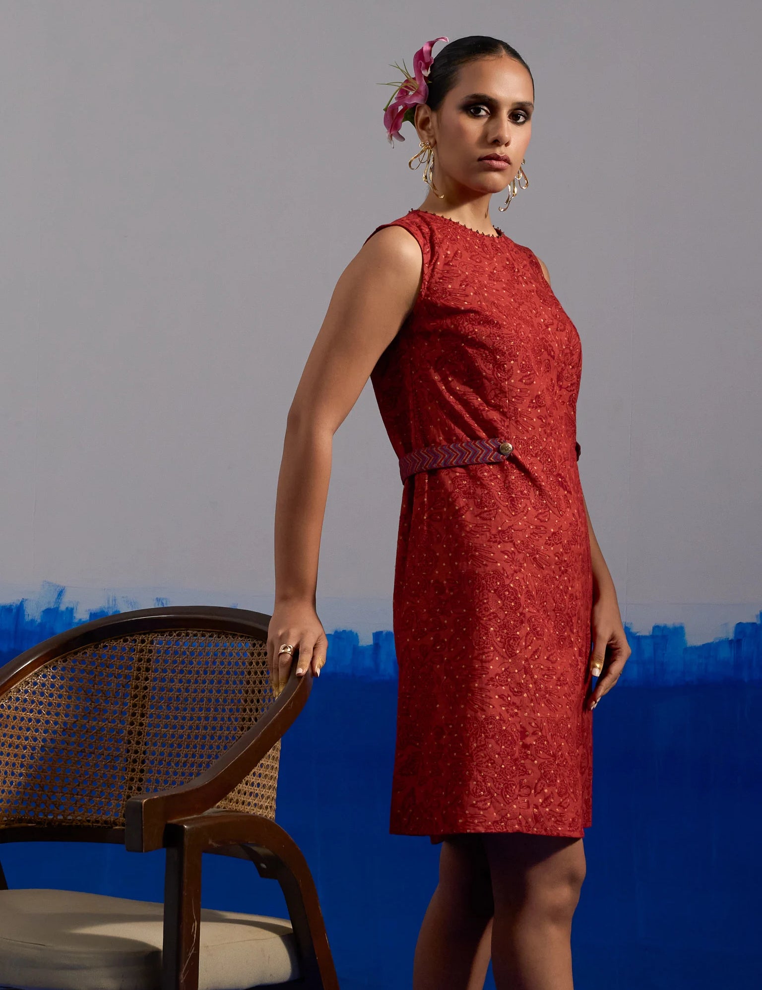 RA Studio Maroon Base Chintz Block Printed Princess Line Cut Dress with Side Waist Band