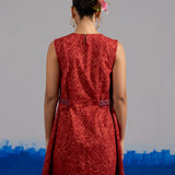 RA Studio Maroon Base Chintz Block Printed Princess Line Cut Dress with Side Waist Band