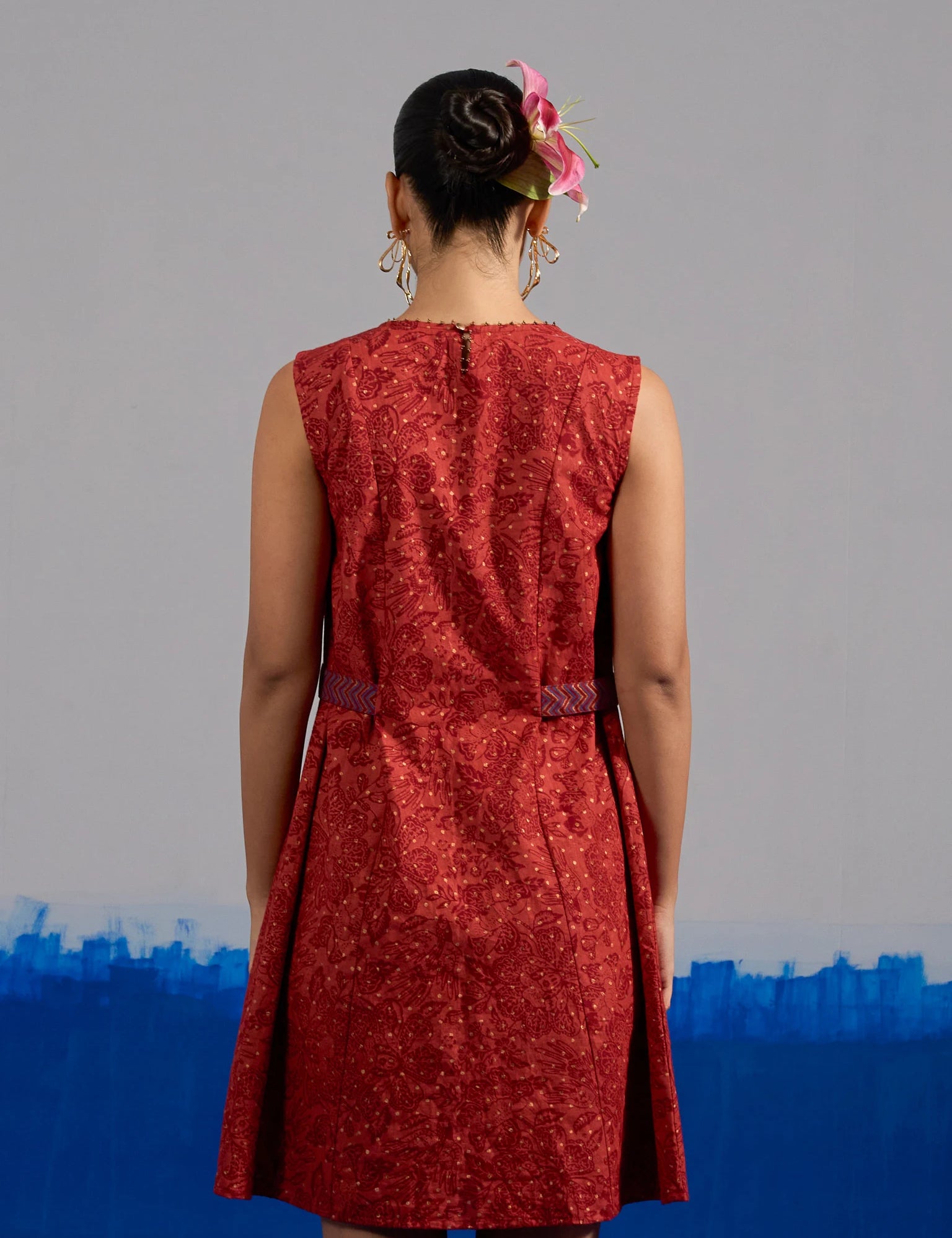 RA Studio Maroon Base Chintz Block Printed Princess Line Cut Dress with Side Waist Band