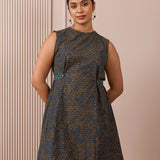 RA Studio Blue Base Chintz Block Print Princess Line Cut Dress with Side Waist Band