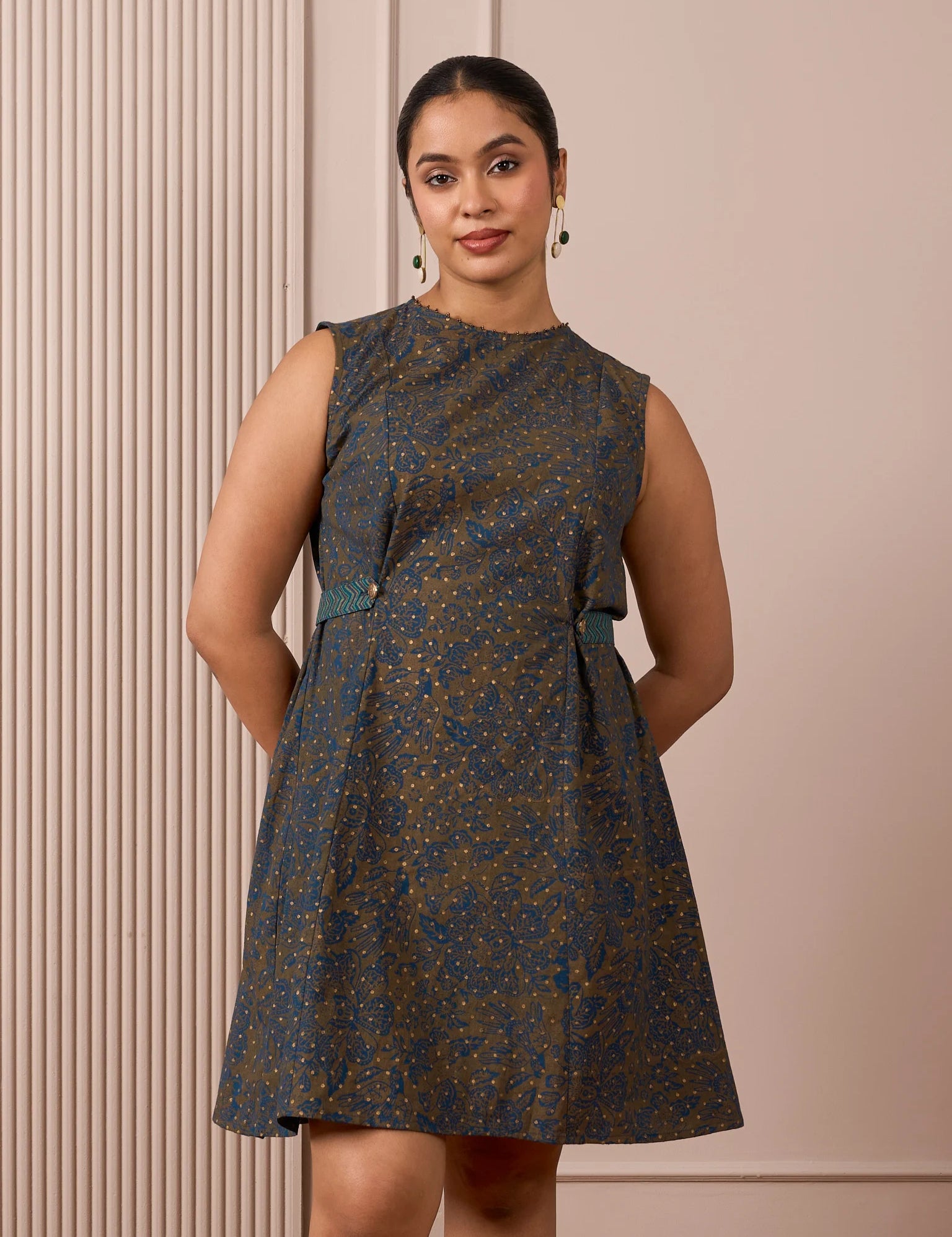 RA Studio Blue Base Chintz Block Print Princess Line Cut Dress with Side Waist Band