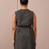 RA Studio Blue Base Chintz Block Print Princess Line Cut Dress with Side Waist Band