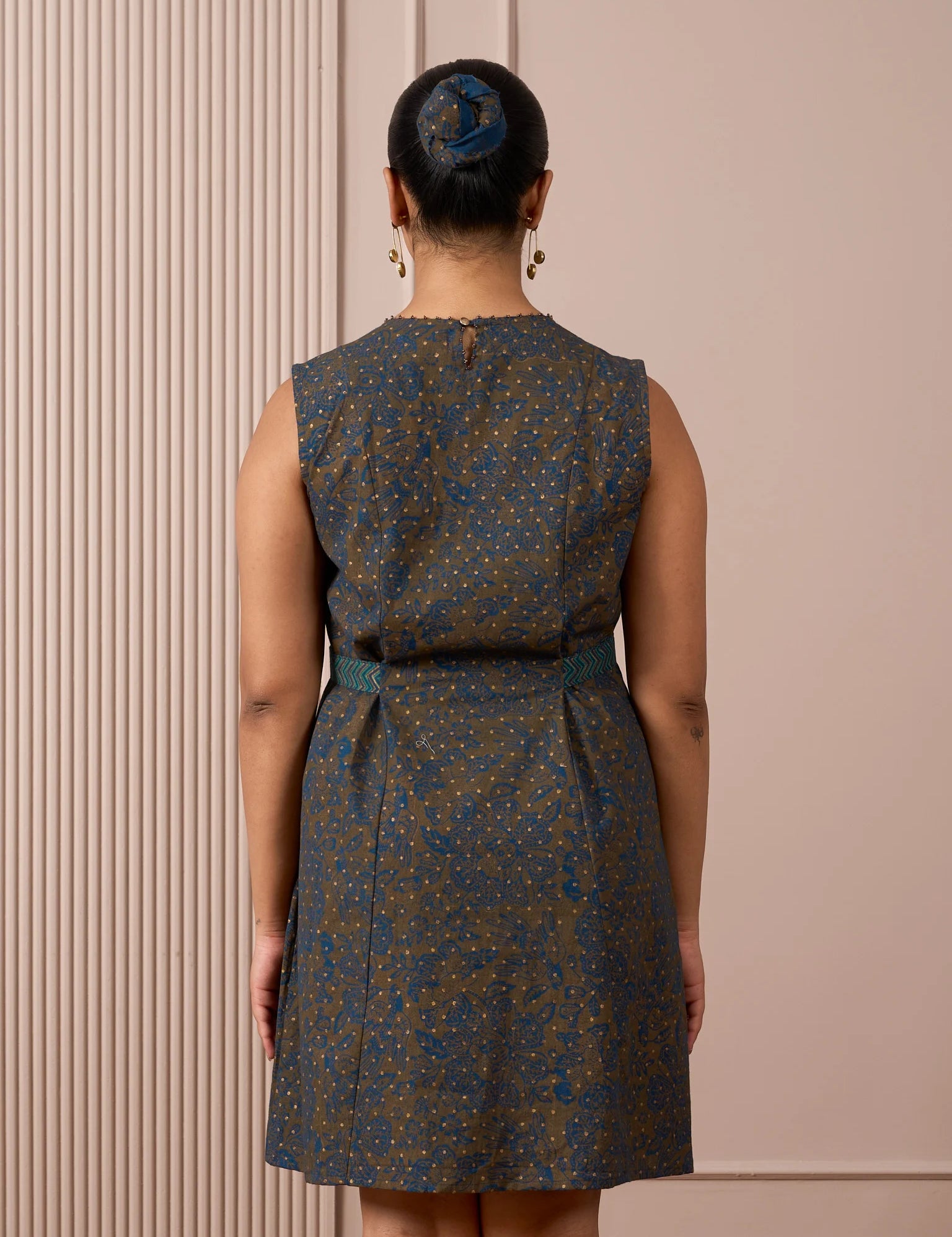 RA Studio Blue Base Chintz Block Print Princess Line Cut Dress with Side Waist Band