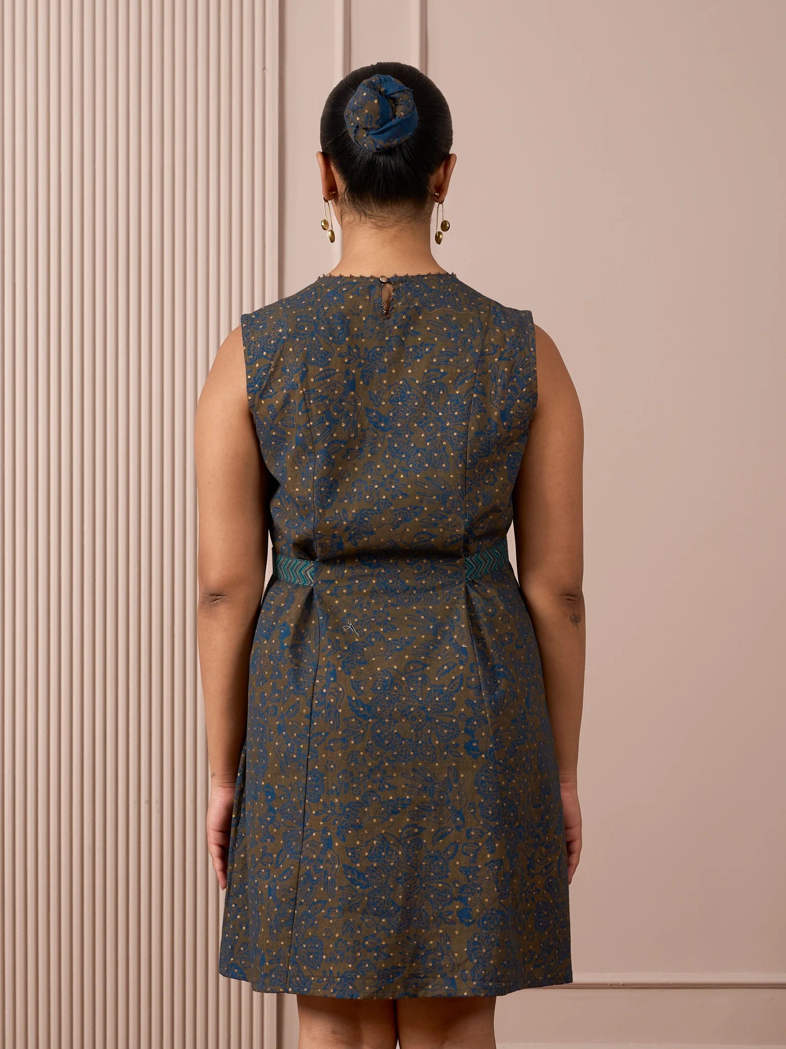 RA Studio Blue Base Chintz Block Print Princess Line Cut Dress with Side Waist Band