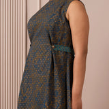 RA Studio Blue Base Chintz Block Print Princess Line Cut Dress with Side Waist Band