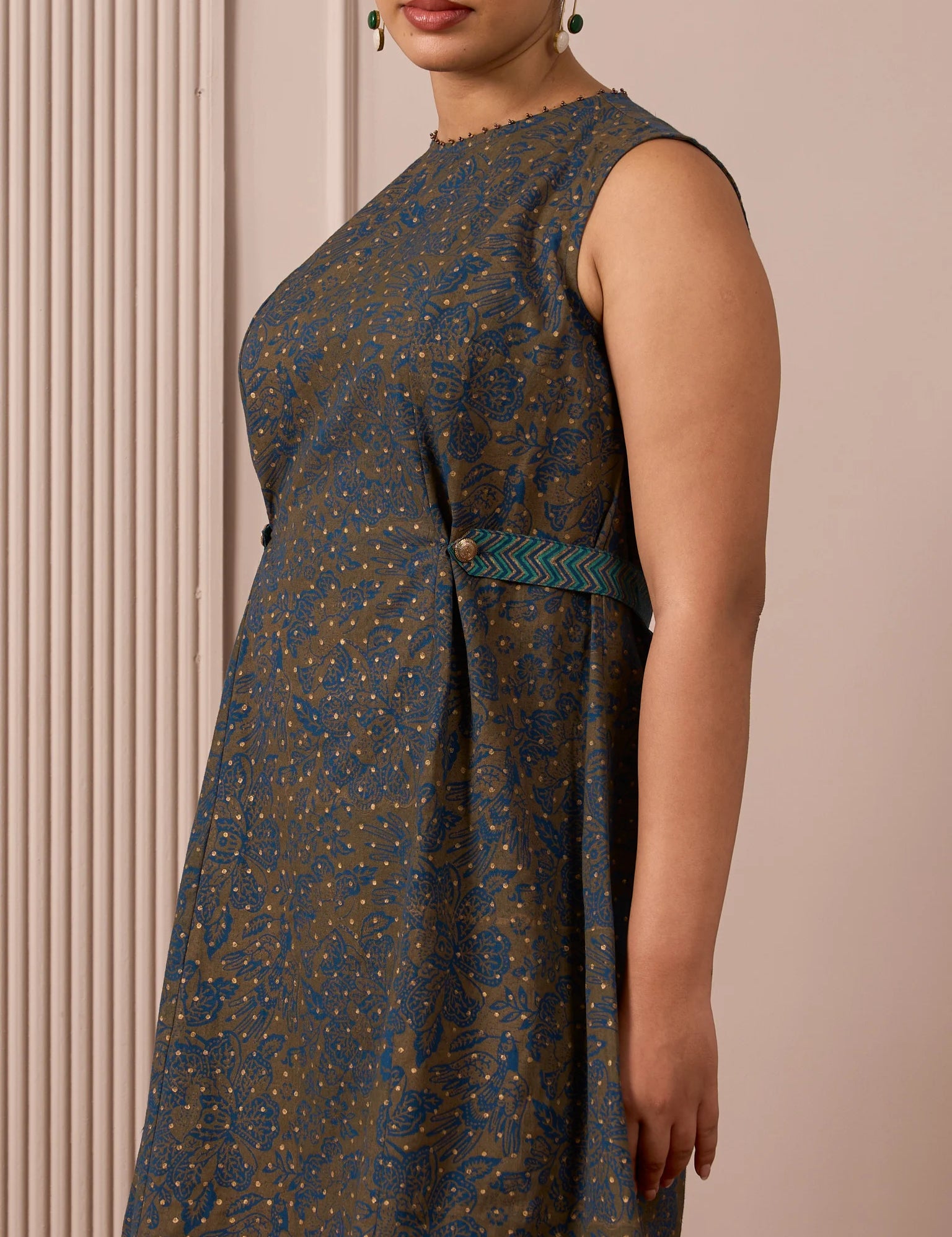 RA Studio Blue Base Chintz Block Print Princess Line Cut Dress with Side Waist Band