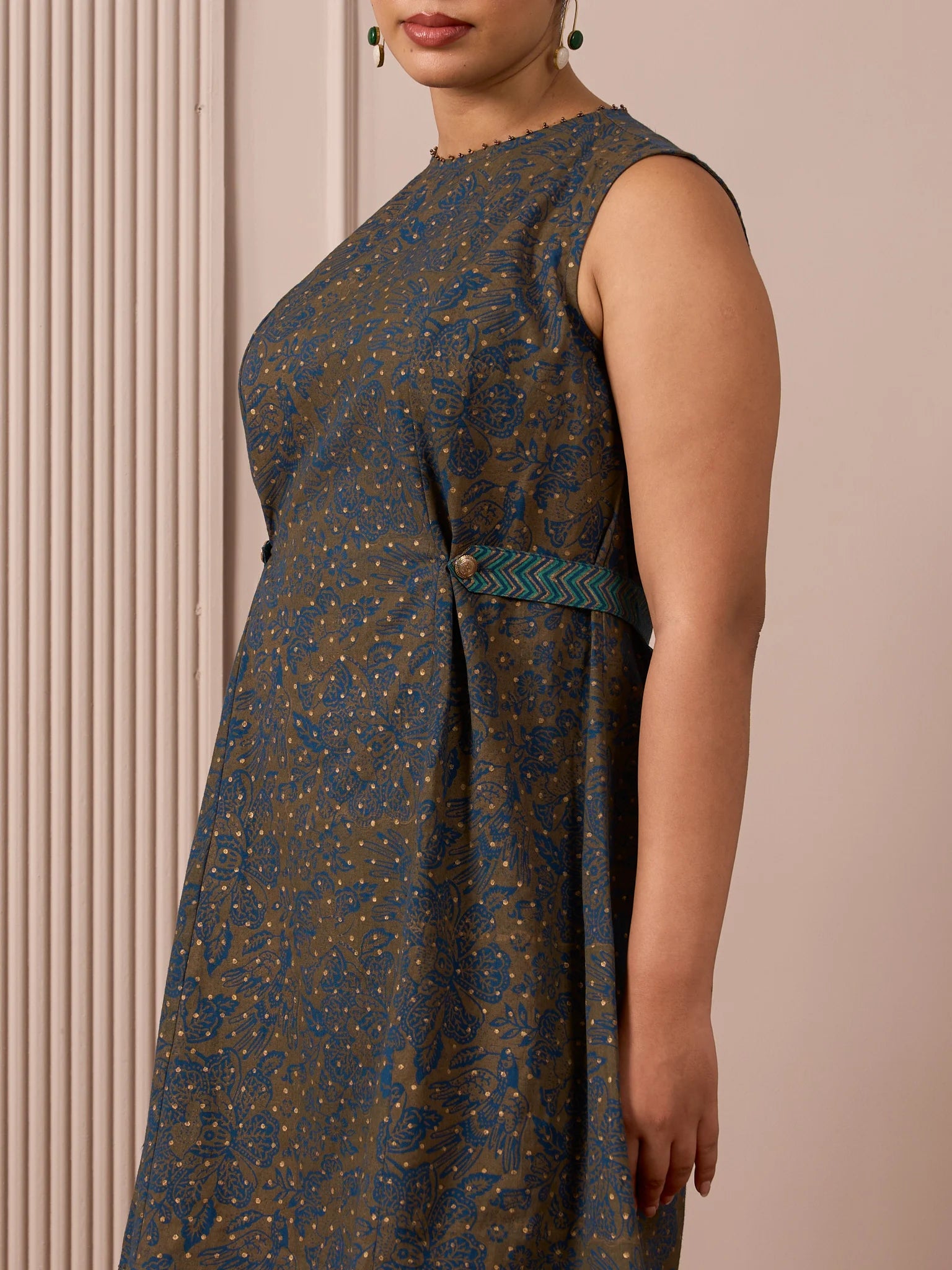 RA Studio Blue Base Chintz Block Print Princess Line Cut Dress with Side Waist Band