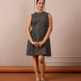 RA Studio Blue Base Chintz Block Print Princess Line Cut Dress with Side Waist Band