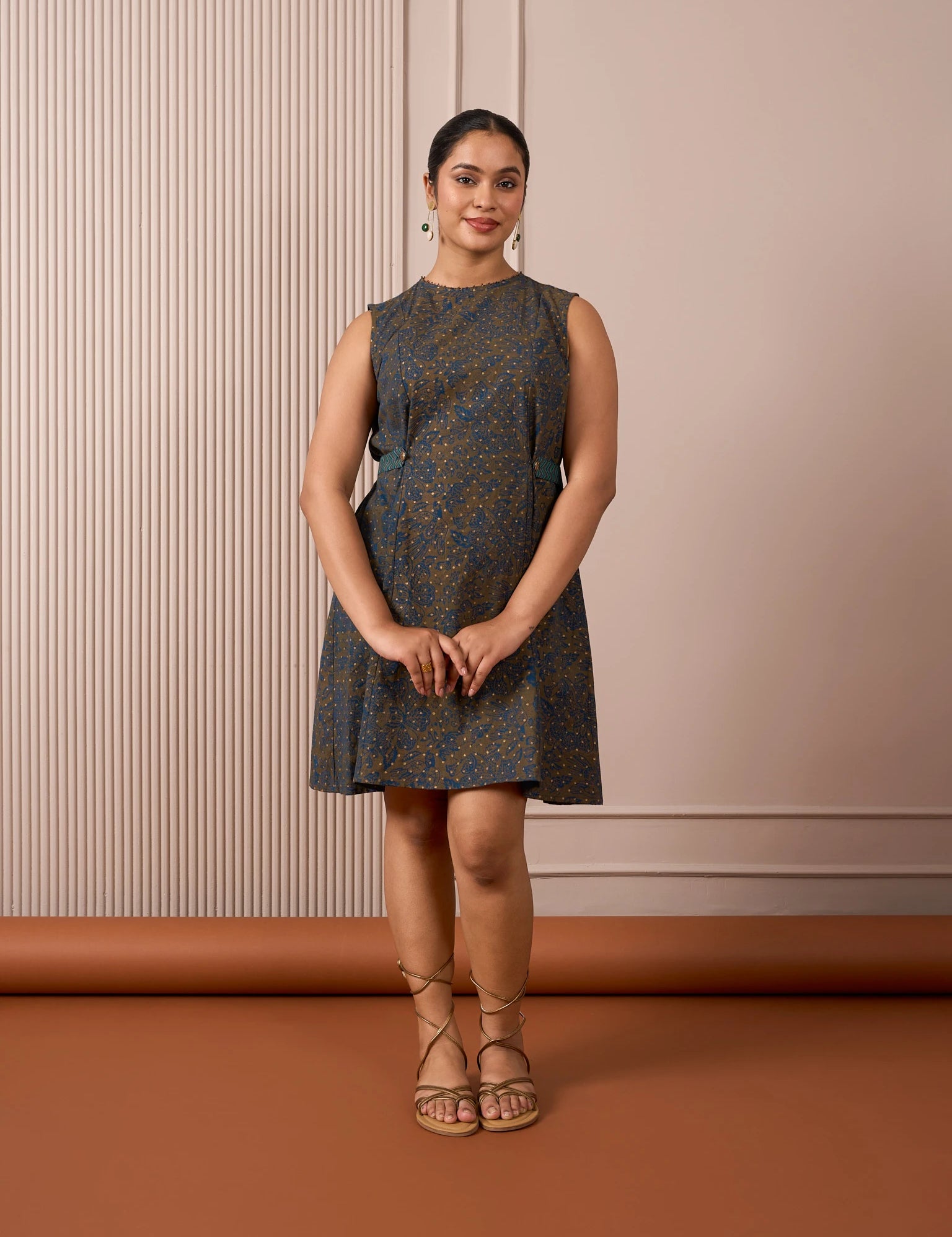 RA Studio Blue Base Chintz Block Print Princess Line Cut Dress with Side Waist Band