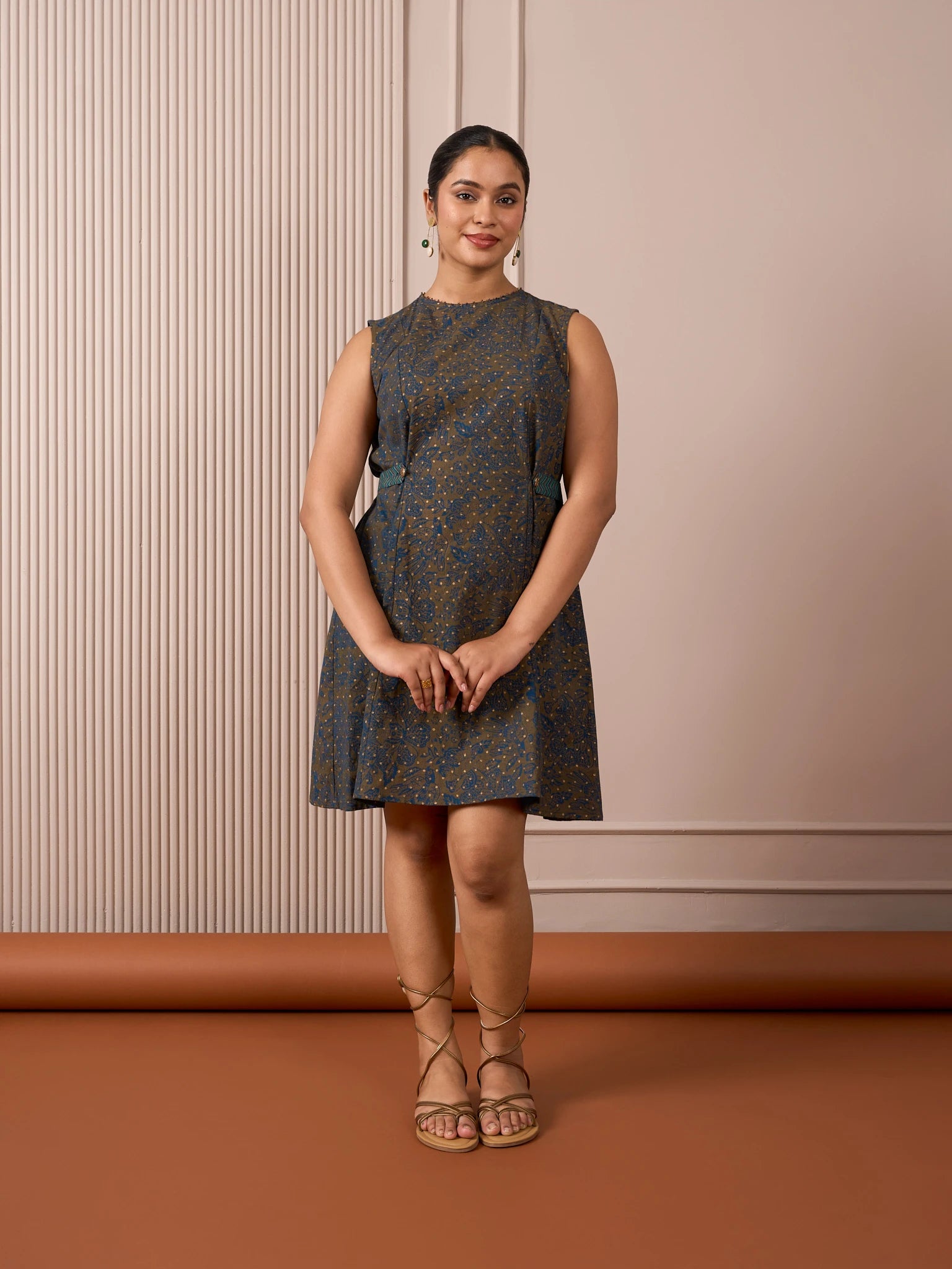 RA Studio Blue Base Chintz Block Print Princess Line Cut Dress with Side Waist Band