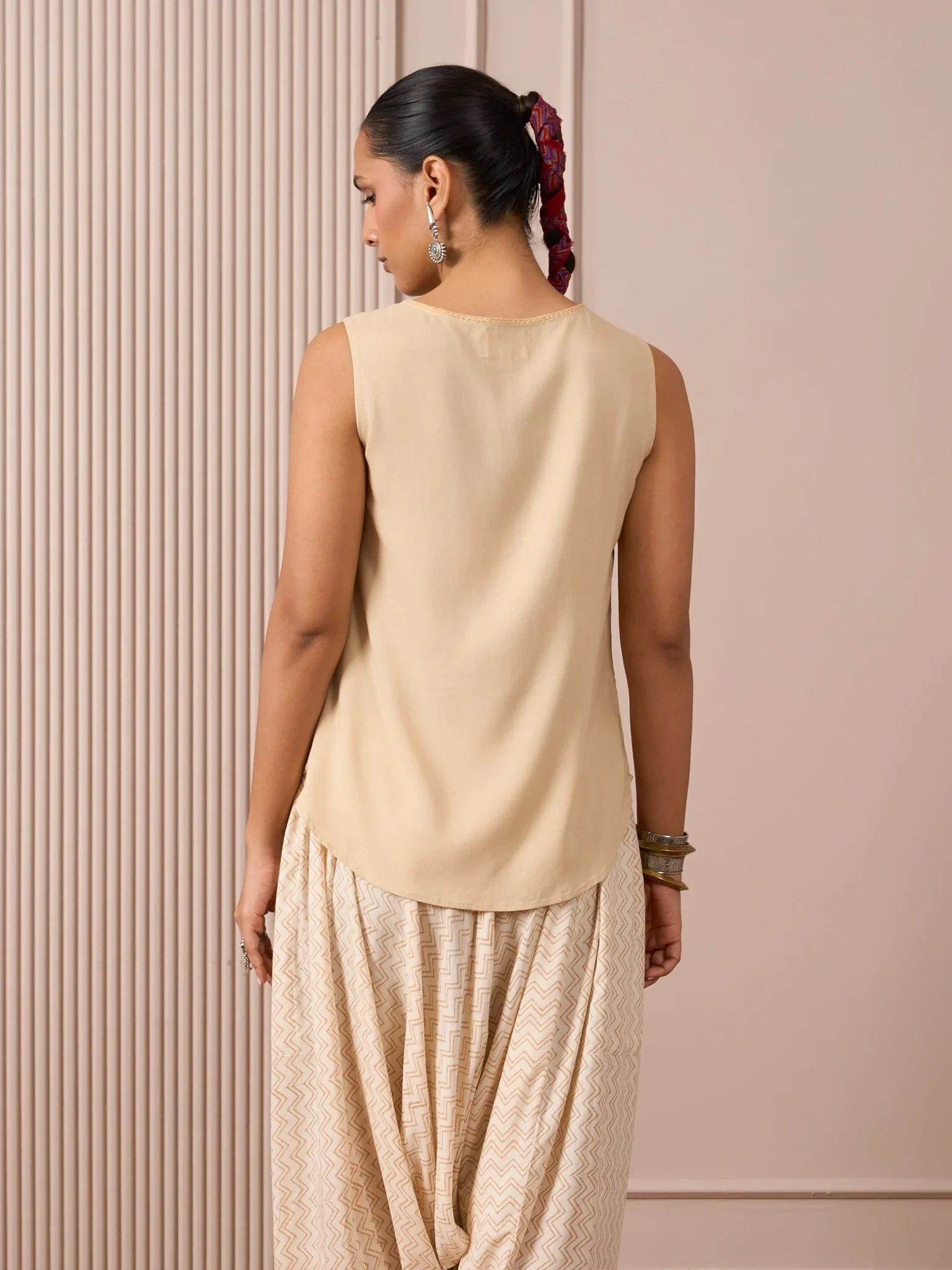 Solid beige sleeveless cotton tunic