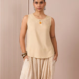 Beige co-ord set with sleeveless cotton tunic and zig-zag Turkish pants