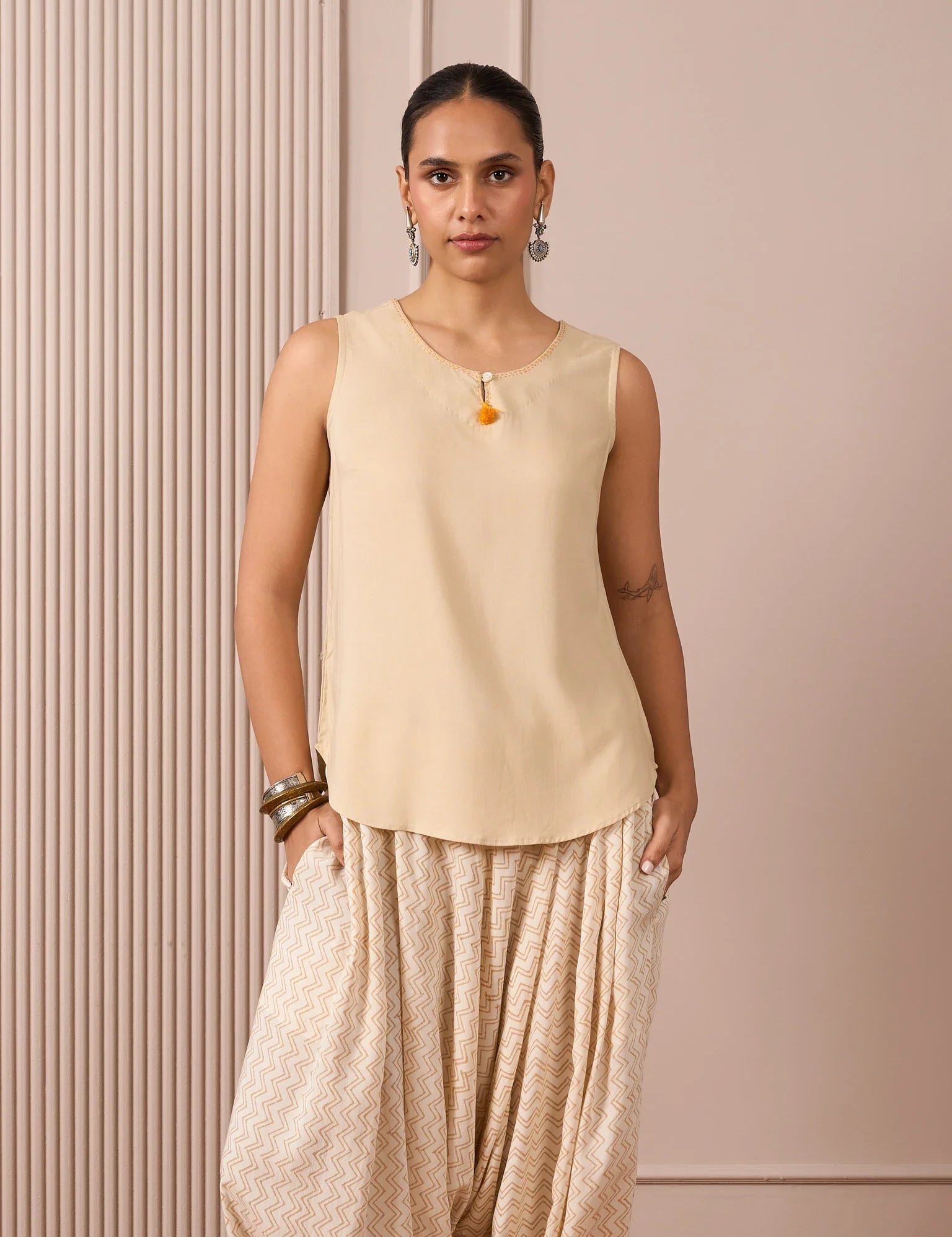 Beige co-ord set with sleeveless cotton tunic and zig-zag Turkish pants