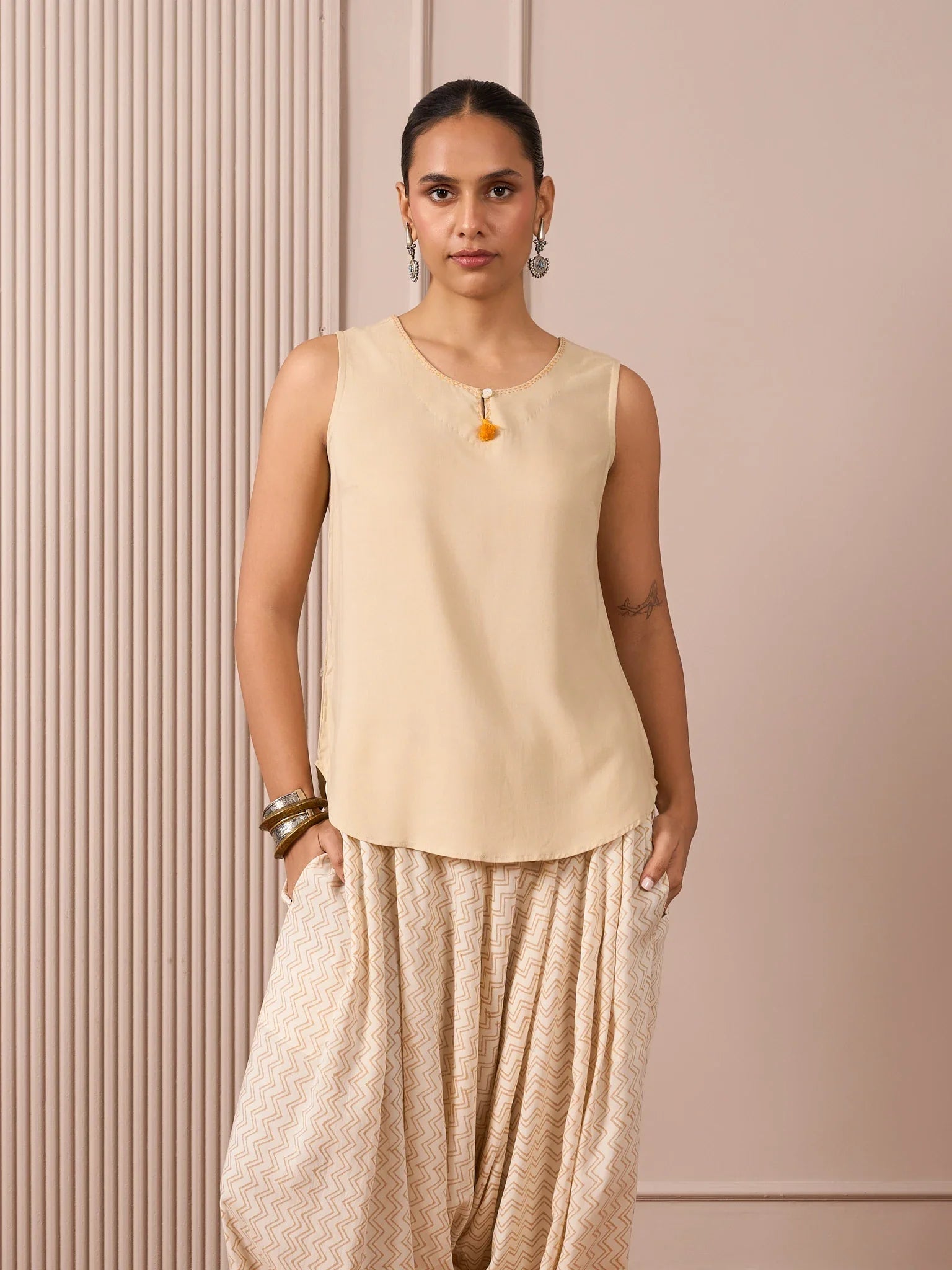 Beige co-ord set with sleeveless cotton tunic and zig-zag Turkish pants