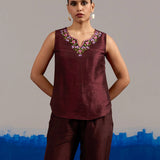 RA Studio Sleeveless Silk Dupion Hand Embroidery Neck Line Wine Red