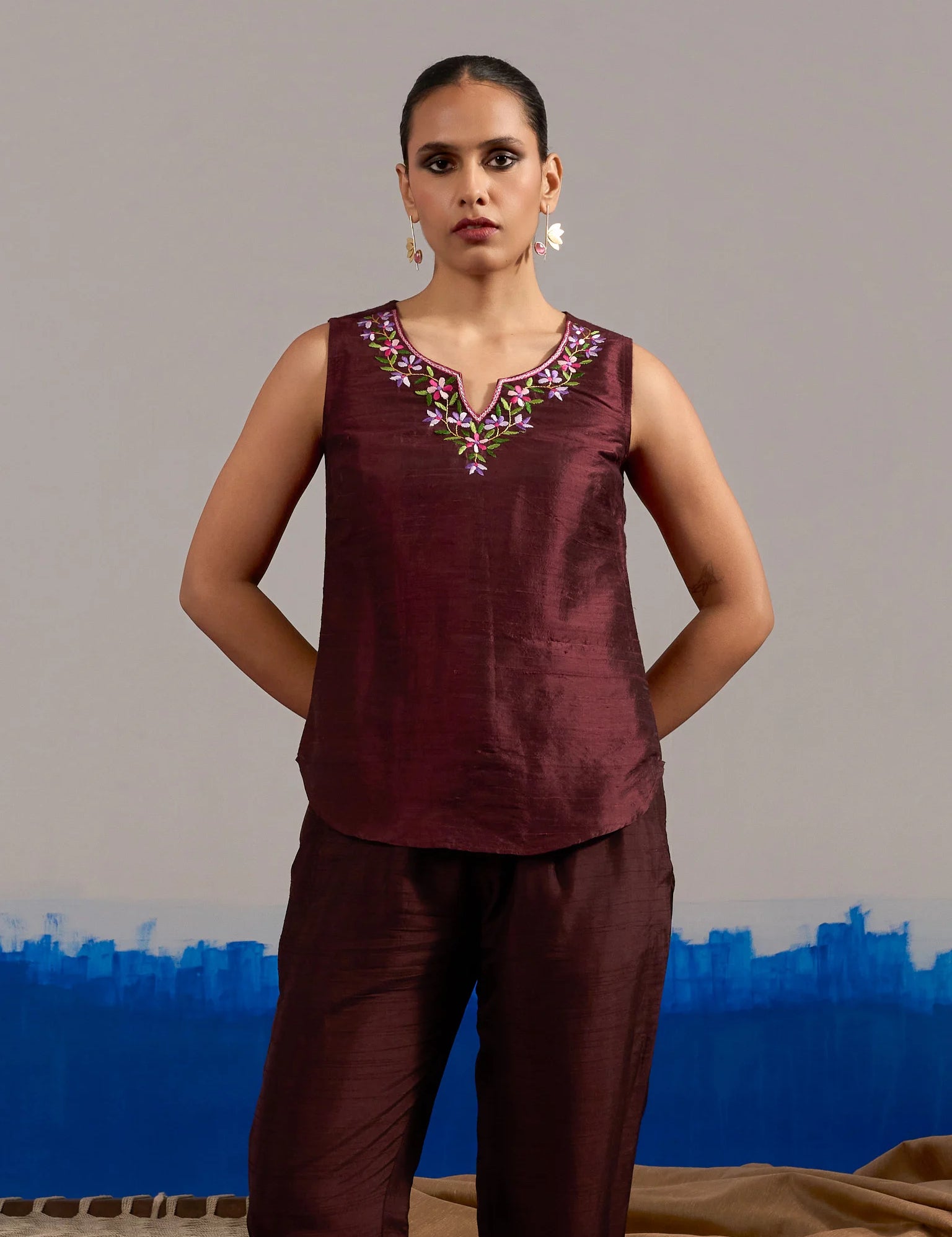 RA Studio Sleeveless Silk Dupion Hand Embroidery Neck Line Wine Red