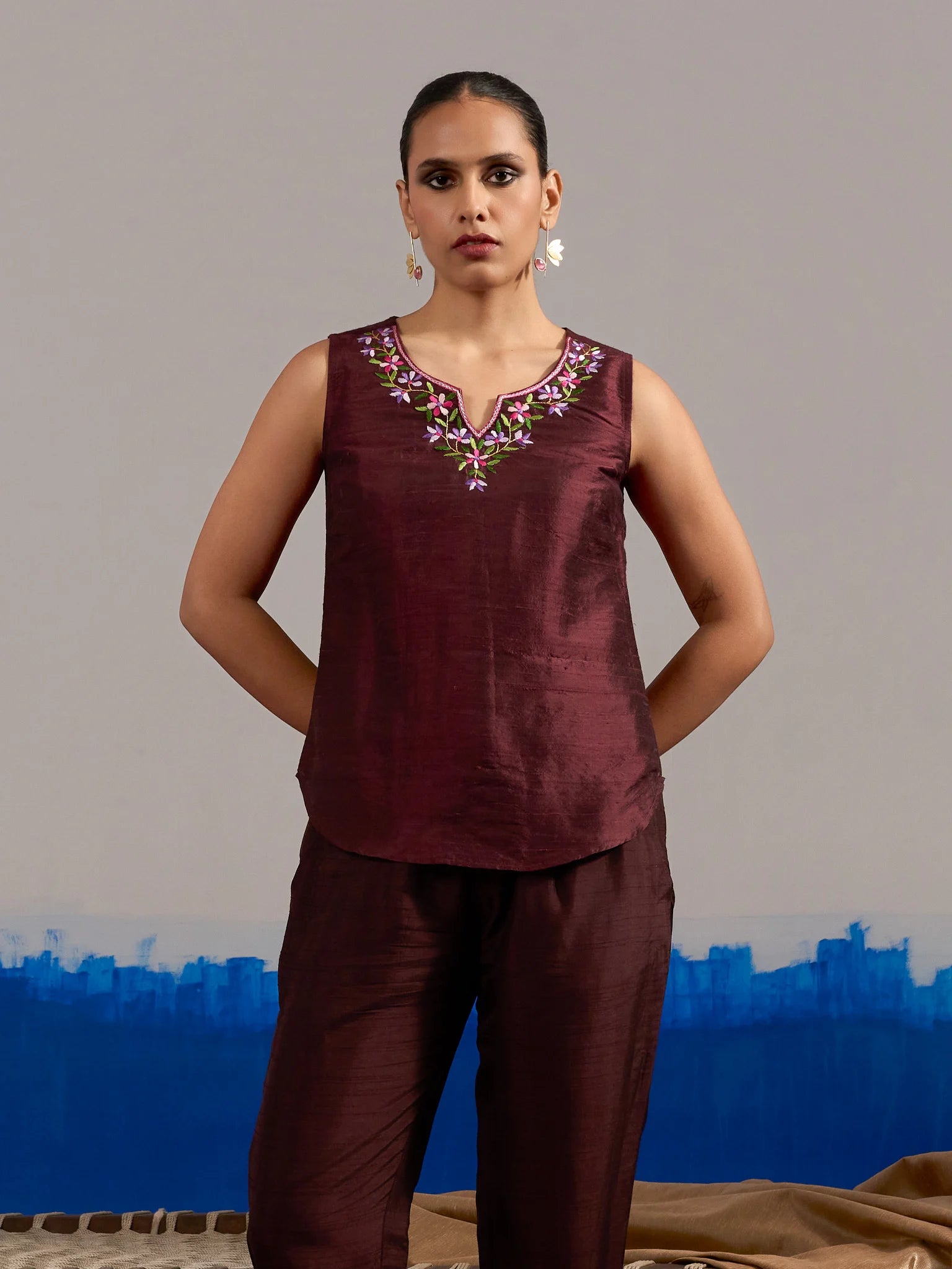 RA Studio Sleeveless Silk Dupion Hand Embroidery Neck Line Wine Red