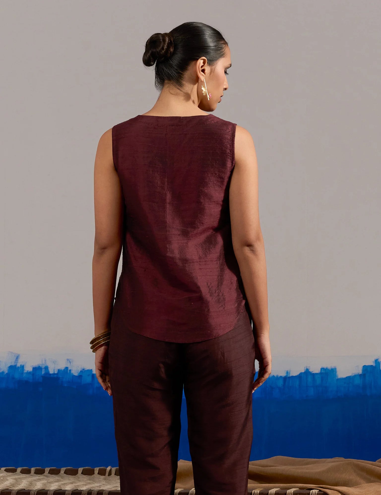 RA Studio Sleeveless Silk Dupion Hand Embroidery Neck Line Wine Red