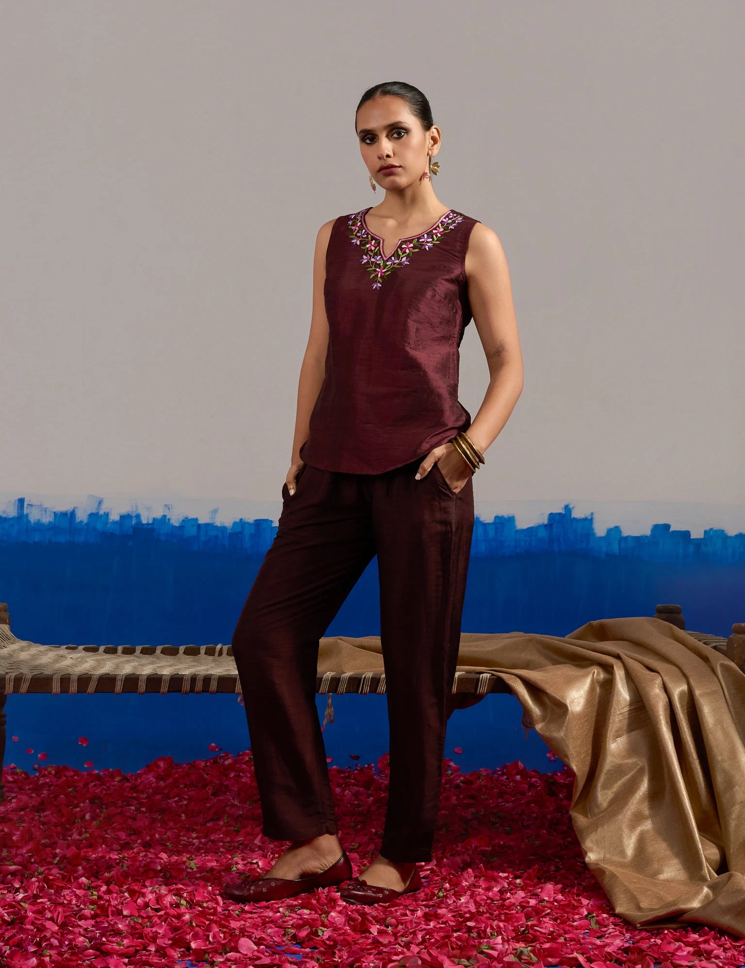RA Studio Sleeveless Silk Dupion Hand Embroidery Neck Line Wine Red