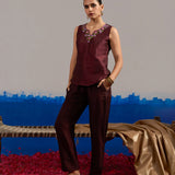 RA Studio Sleeveless Silk Dupion Hand Embroidery Neck Line Wine Red