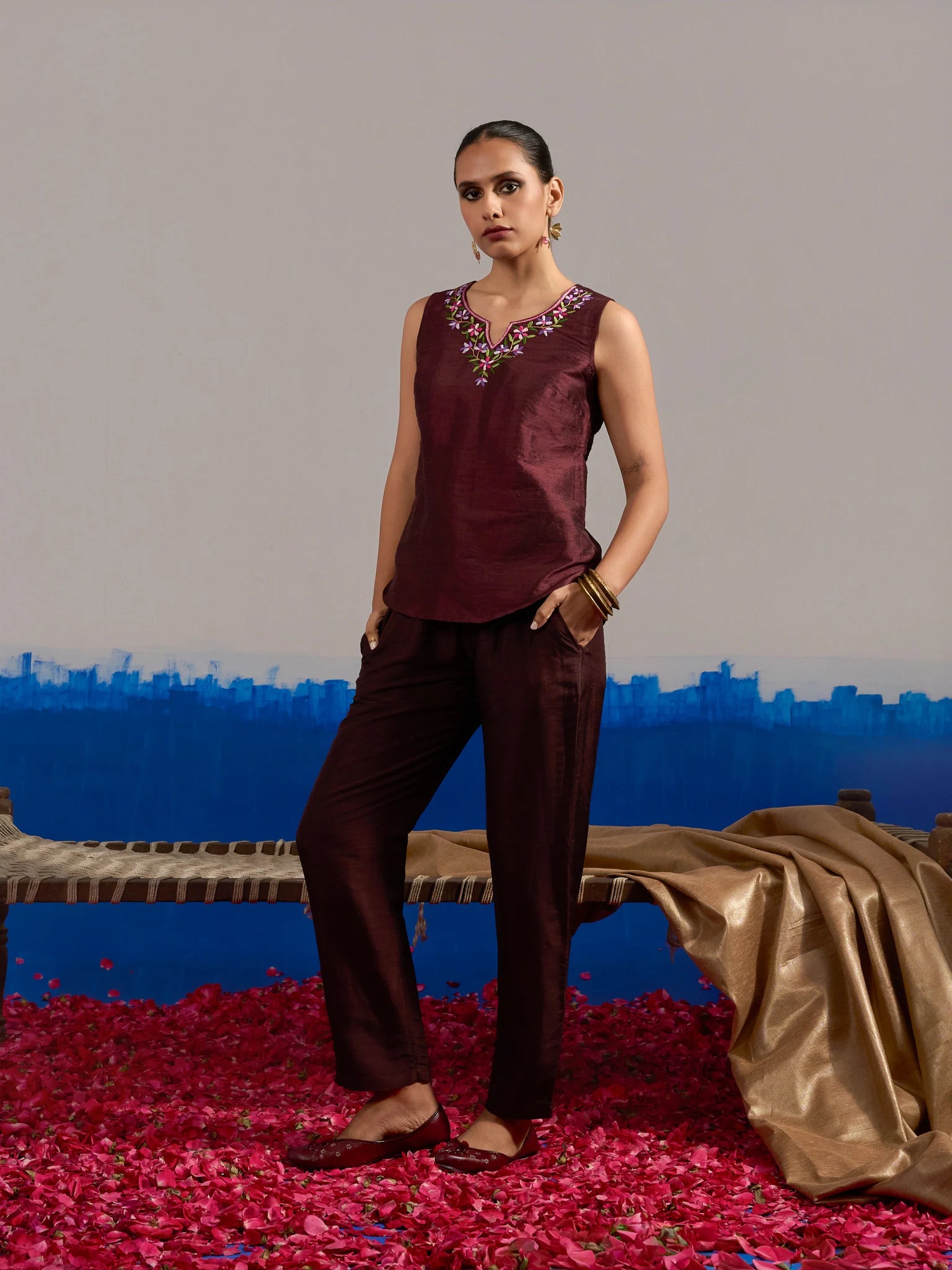 RA Studio Sleeveless Silk Dupion Hand Embroidery Neck Line Wine Red