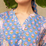 Cobalt Blue Sanganeri Block Printed Cotton Yoke Tunic with Hand Embroidery and Sequins