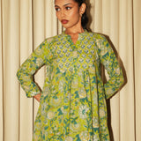 Leaf Green Sanganeri Block-Printed Cotton Yoke Tunic with Hand Embroidery