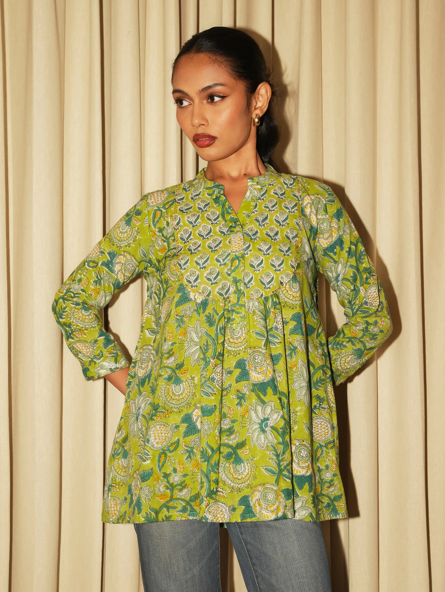 Leaf Green Sanganeri Block Print Cotton Tunic