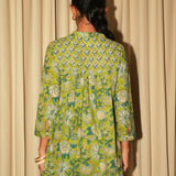 Leaf Green Sanganeri Block-Printed Cotton Yoke Tunic with Hand Embroidery