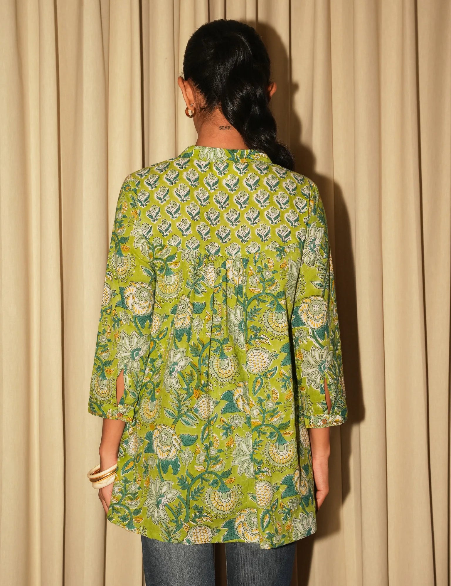 Leaf Green Sanganeri Block-Printed Cotton Yoke Tunic with Hand Embroidery