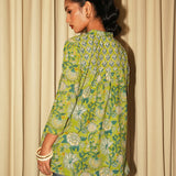 Leaf Green Sanganeri Block-Printed Cotton Yoke Tunic with Hand Embroidery