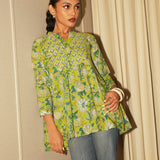 Leaf Green Sanganeri Block-Printed Cotton Yoke Tunic with Hand Embroidery