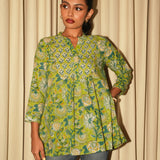Leaf Green Sanganeri Block-Printed Cotton Yoke Tunic with Hand Embroidery