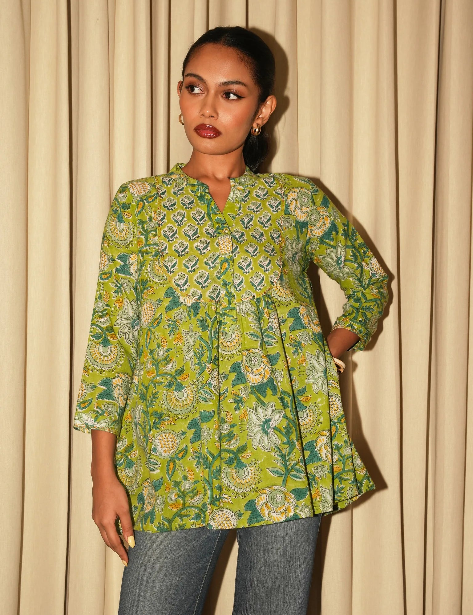 Leaf Green Sanganeri Block-Printed Cotton Yoke Tunic with Hand Embroidery