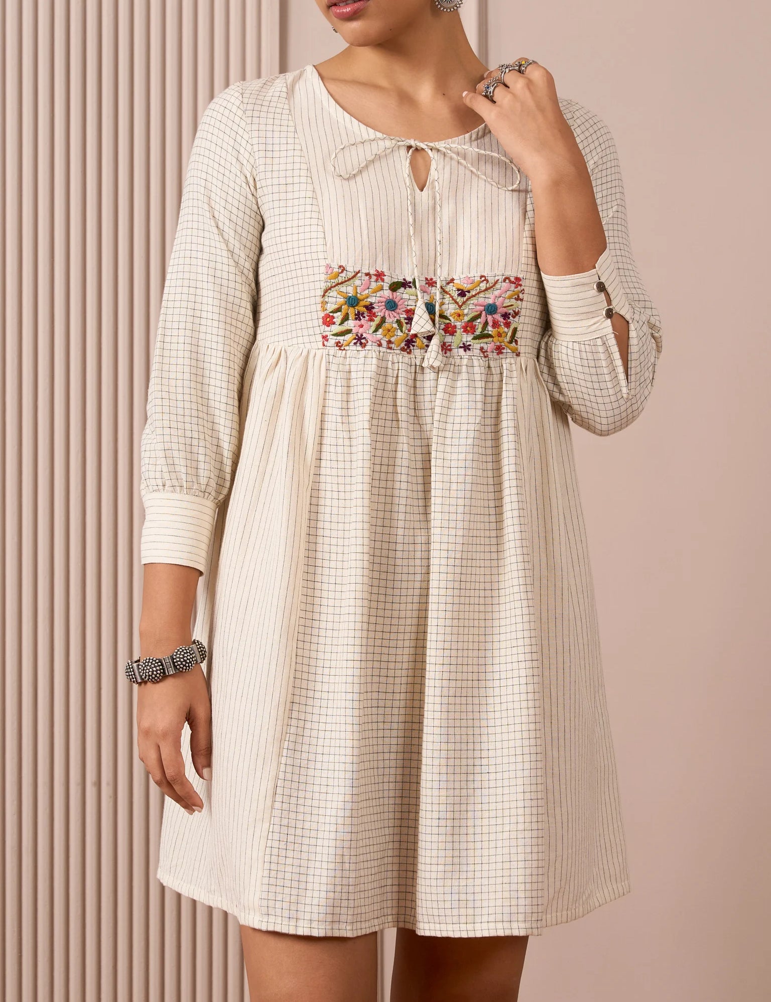 Ivory Black Checks and Stripes Empire Line Short Dress with Colorful hand Embroidered Chest Panel