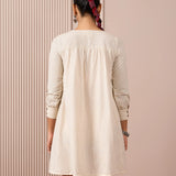 RA Studio Ivory Black Checks and Stripes Empire Line Short Dress with Colorful hand Embroidered Chest Panel