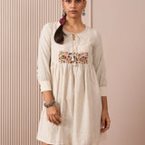 RA Studio Ivory Black Checks and Stripes Empire Line Short Dress with Colorful hand Embroidered Chest Panel
