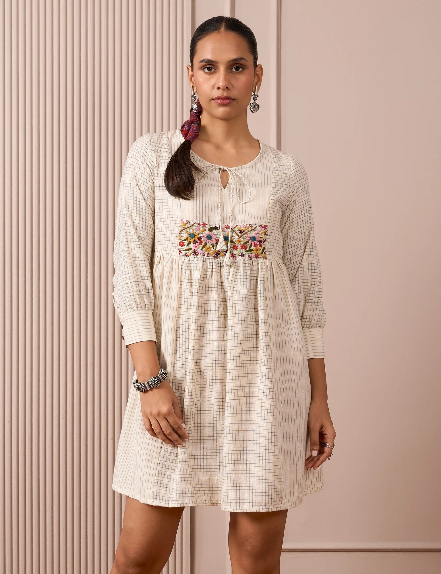 RA Studio Ivory Black Checks and Stripes Empire Line Short Dress with Colorful hand Embroidered Chest Panel