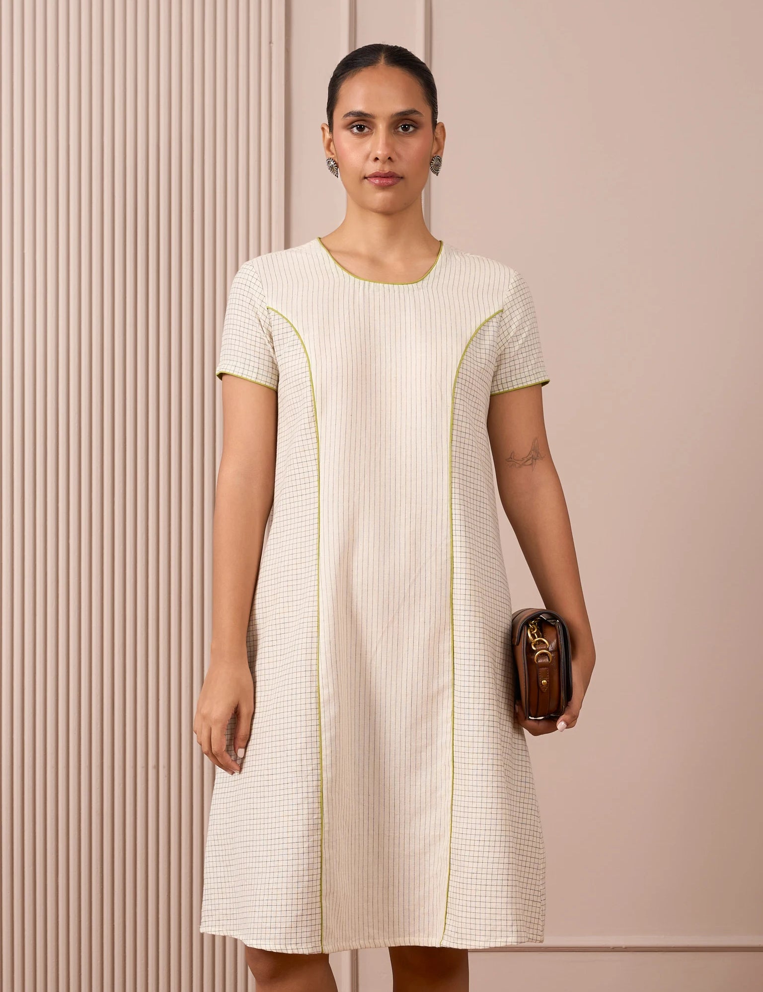Handloom Black & White Princess-Line Dress in Check and Stripe Weave