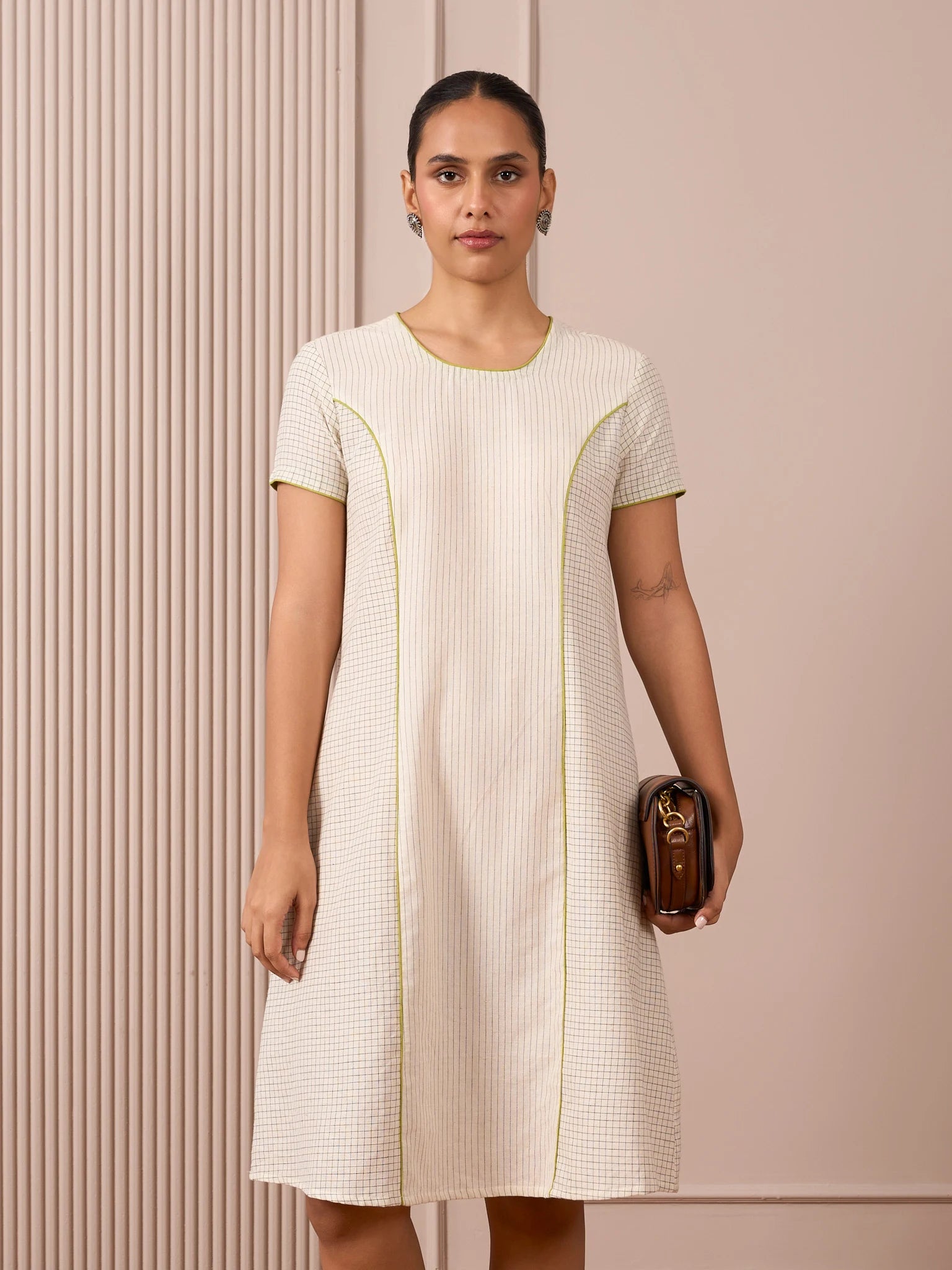 Handloom Black & White Princess-Line Dress in Check and Stripe Weave