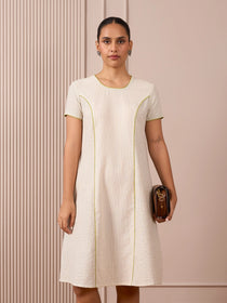 Handloom Black & White Princess-Line Dress in Check and Stripe Weave