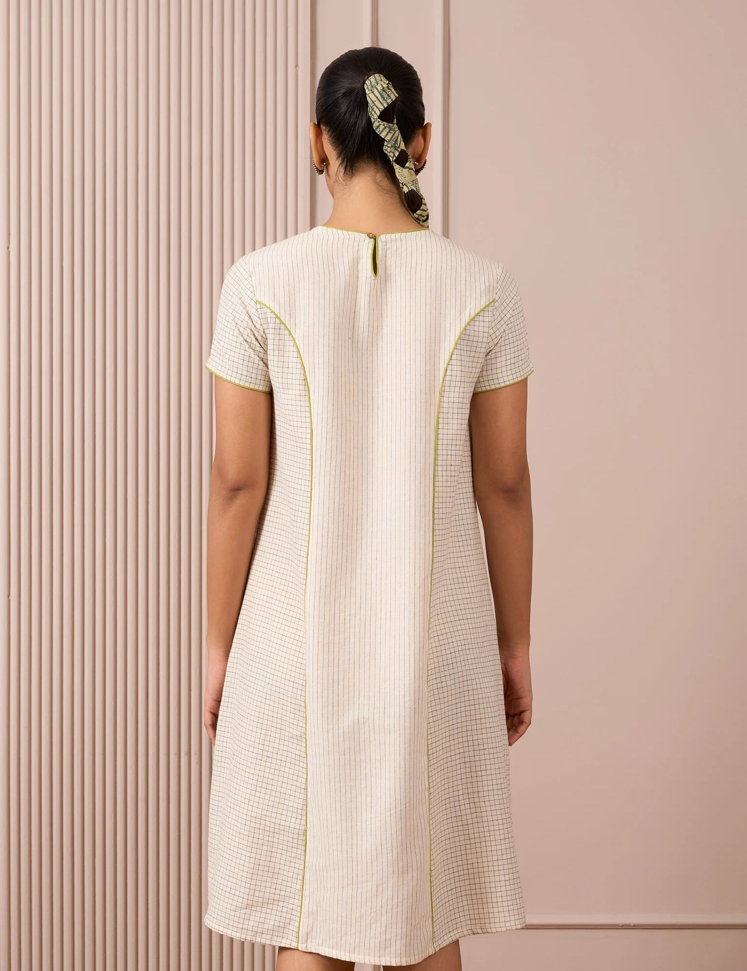 Handloom Black & White Princess-Line Dress in Check and Stripe Weave
