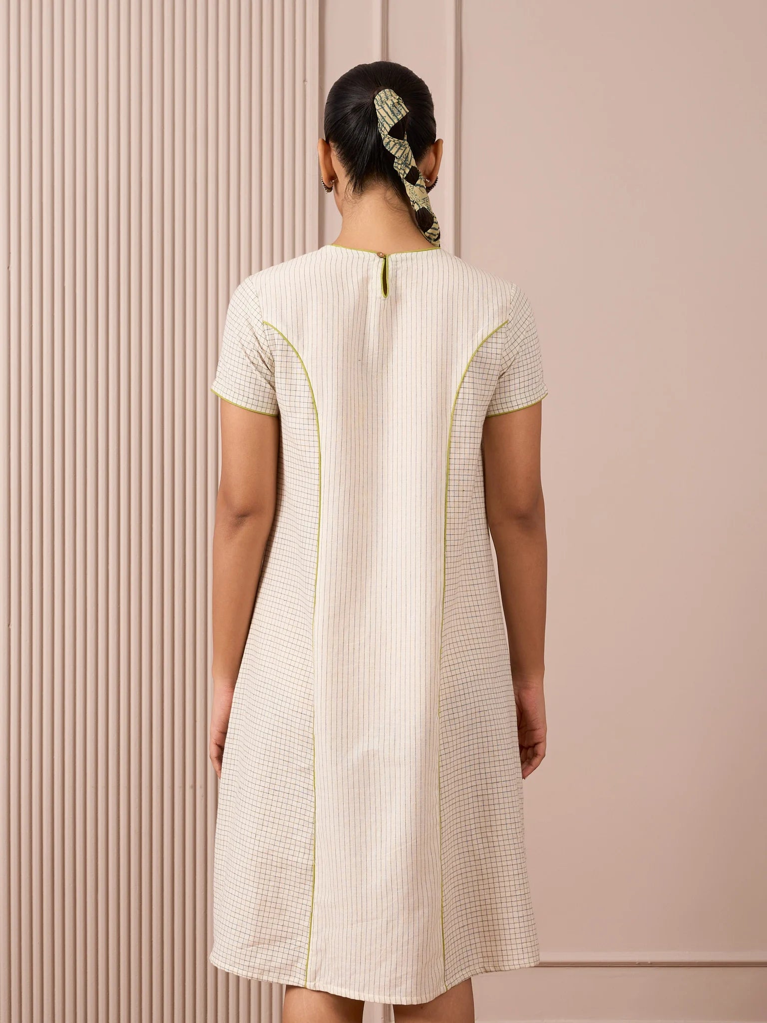 Handloom Black & White Princess-Line Dress in Check and Stripe Weave